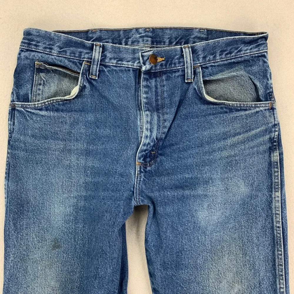Rustler Jeans Classic Straight Mens 34x30 Faded Distressed Whiskering Denim Work